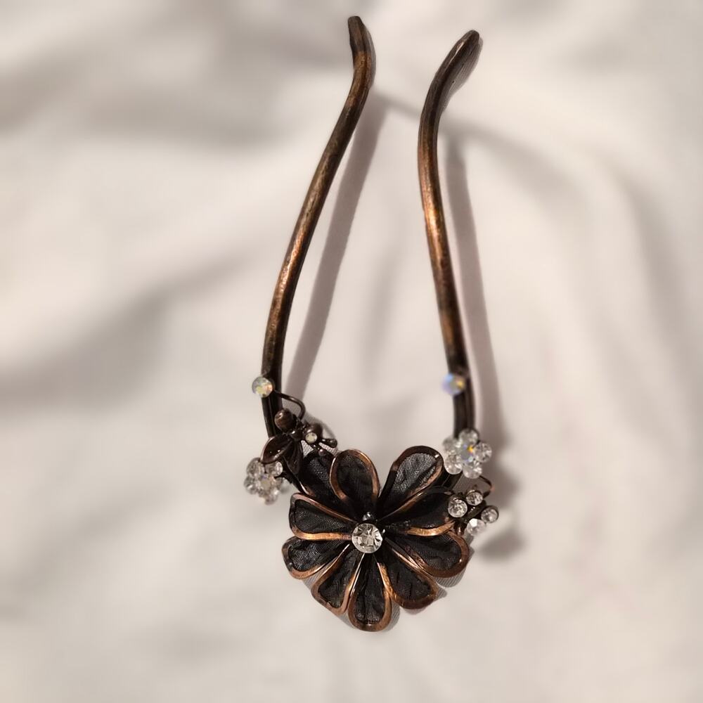 Whimsigoth Bronze Bee & Floral Hair Fork - Mesh Petal U-Pin